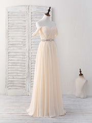 Champagne Chiffon Off Shoulder Long Corset Prom Dress Corset Bridesmaid Dress outfit, Fall Wedding Ideas