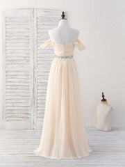 Champagne Chiffon Off Shoulder Long Corset Prom Dress Corset Bridesmaid Dress outfit, Wedding Inspiration