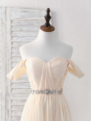 Champagne Chiffon Off Shoulder Long Corset Prom Dress Corset Bridesmaid Dress outfit, Prom Shoes