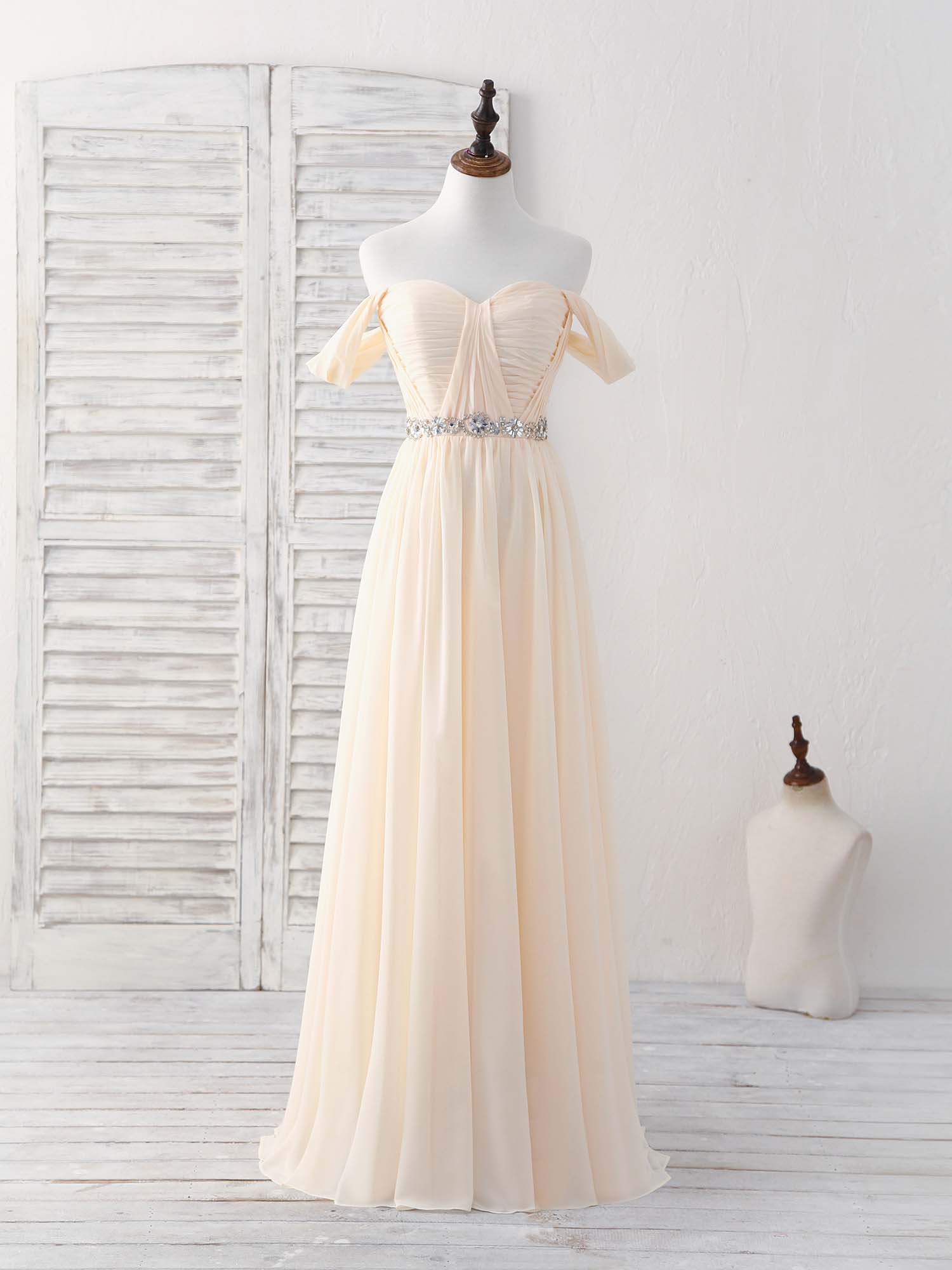 Champagne Chiffon Off Shoulder Long Corset Prom Dress Corset Bridesmaid Dress outfit, Pretty Prom Dress