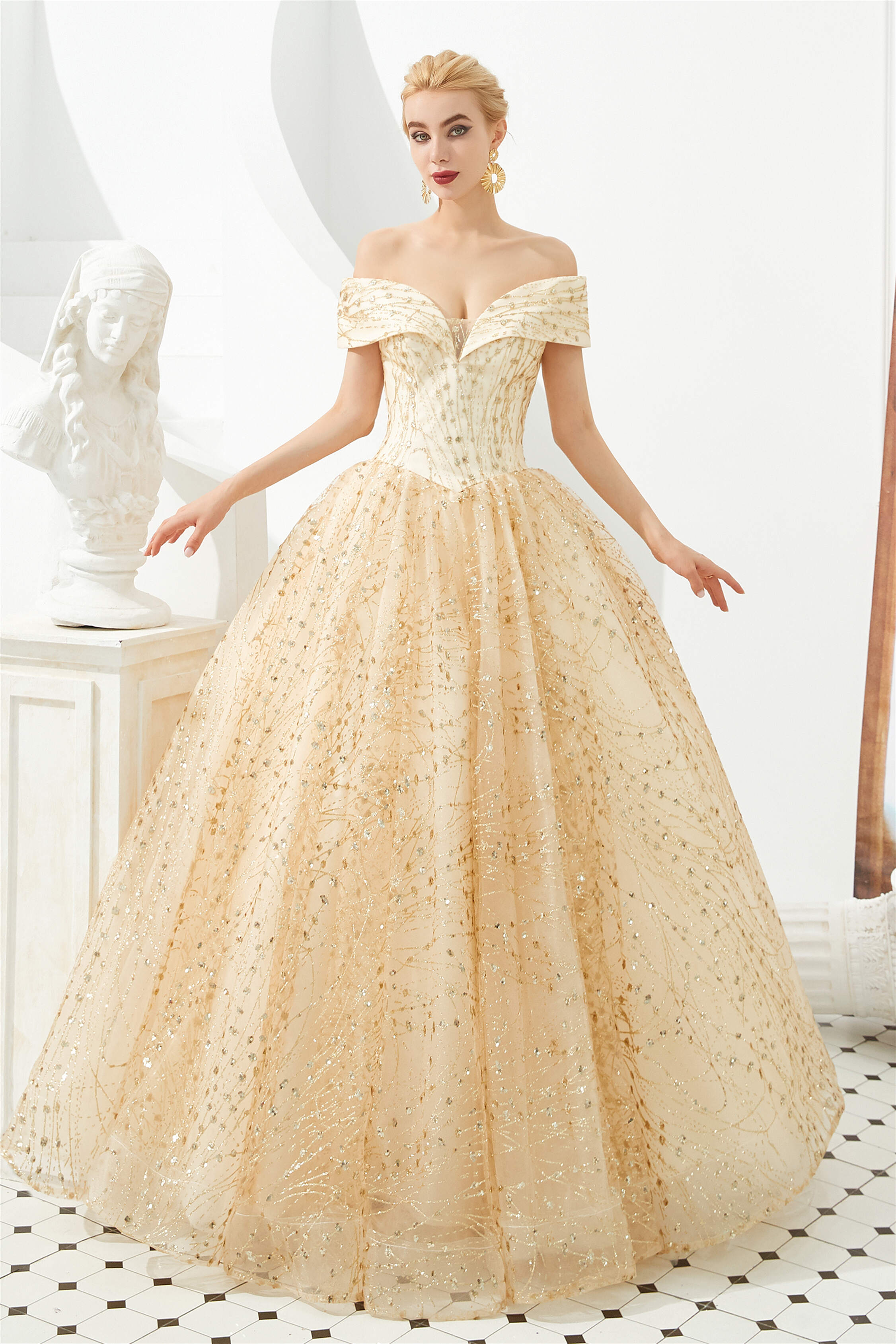 Champagne Gold Off-the-Shoulder Tulle Corset Ball Gown Sequins Princess Corset Prom Dresses for Girls Gowns, Prom Dresses Elegent
