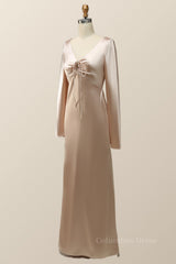 Champagne Long Sleeves Keyhole Corset Bridesmaid Dress outfit, Formal Dress