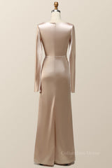 Champagne Long Sleeves Keyhole Corset Bridesmaid Dress outfit, Prom