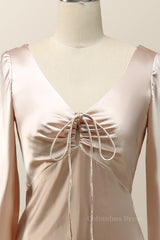 Champagne Long Sleeves Keyhole Corset Bridesmaid Dress outfit, Pink Dress