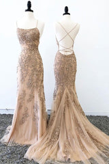 Champagne Mermaid Backless Lace Appliques Long Corset Prom Dresses, Champagne Lace Corset Formal Dresses, Champagne Graduation Evening Dresses outfit, Bridesmaid Dresses Fall Wedding