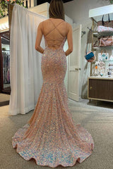 Champagne Mermaid Sequined Backless Corset Prom Dress outfits, Champagne Mermaid Sequined Backless Prom Dress