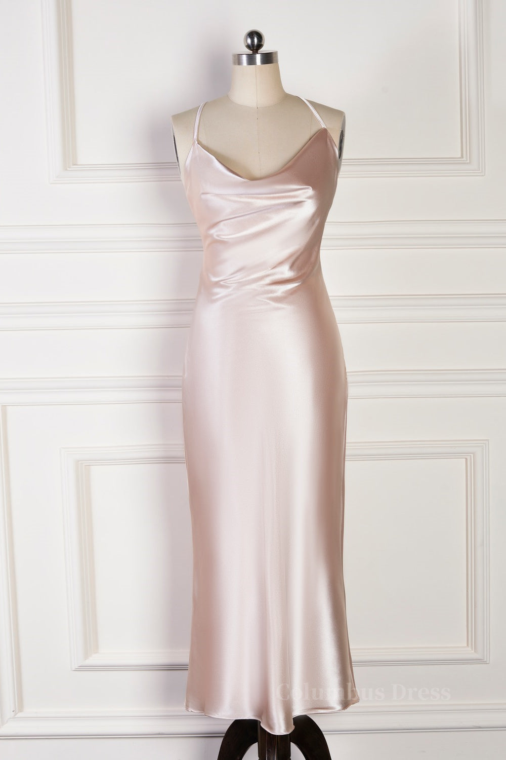 Champagne Mermaid Spaghetti Straps Satin Backless Long Corset Bridesmaid Dress outfit, Party Dresses Styles