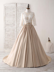 Champagne Round Neck Satin Lace Long Corset Prom Dress, Evening Dress outfit, Wedding Color