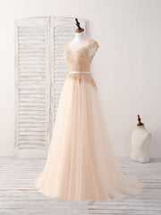 Champagne Round Neck Tulle Lace Applique Long Corset Prom Dress outfits, Party Dresses Online