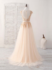 Champagne Round Neck Tulle Lace Applique Long Corset Prom Dress outfits, Party Dresses For Teens