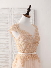 Champagne Round Neck Tulle Lace Applique Long Corset Prom Dress outfits, Party Dress Ideas