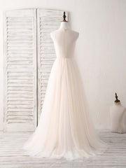 Champagne Round Neck Tulle Lace Applique Long Corset Prom Dress outfits, Bridesmaid Dresses Lavender