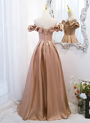 Champagne Satin Long Party Dress Corset Prom Dress, A-line Simple Corset Formal Dress outfit, Tights Dress Outfit