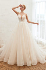Champagne Spaghetti Straps V-neck Floor Length A-line Lace Tulle Corset Wedding Dresses outfit, Wedding Dress Under 5008