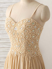 Champagne Sweetheart Neck Beads Long Corset Prom Dress Evening Dress outfit, Formal Dress Long Gowns
