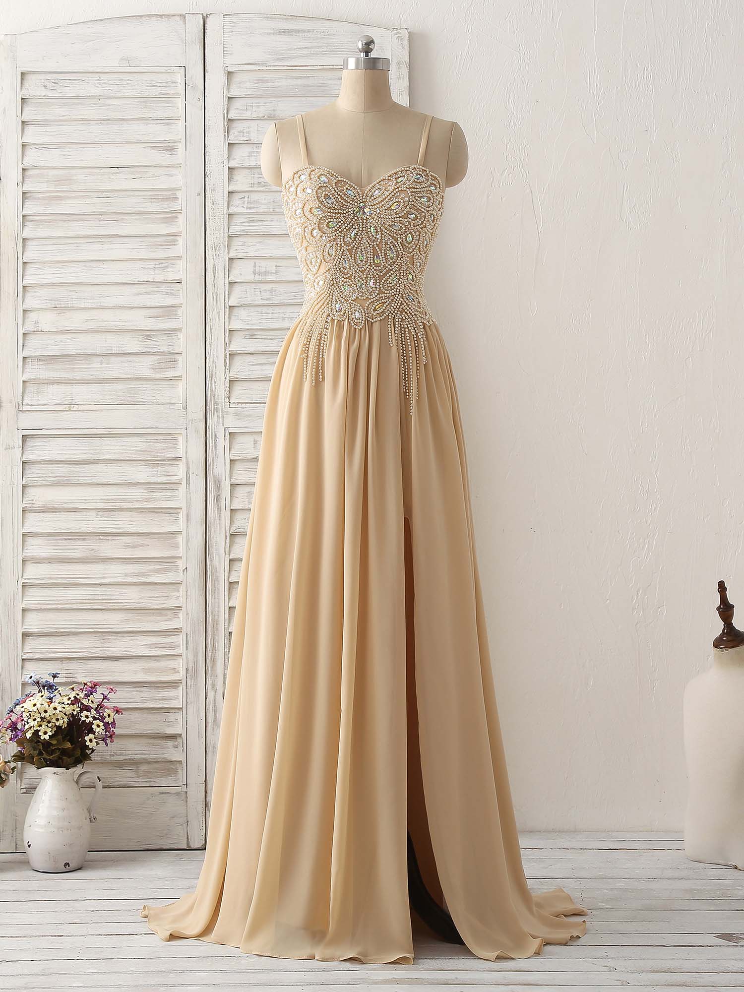 Champagne Sweetheart Neck Beads Long Corset Prom Dress Evening Dress outfit, Formal Dress Long Gown