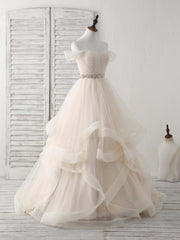 Champagne Sweetheart Off Shoulder Tulle Long Corset Prom Dresses outfit, Bridesmaid Dress Website
