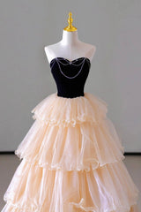 Champagne Sweetheart Tulle Layers Long Party Dress, Strapless A-Line Corset Prom Dress outfits, Bridesmaid Dresses Peach
