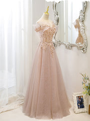 Champagne Tulle Lace A line Long Corset Prom Dress, Lace Champagne Evening Dress outfit, Formal Dresses Gown