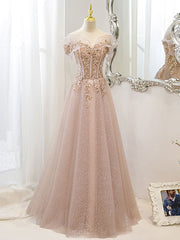 Champagne Tulle Lace A line Long Corset Prom Dress, Lace Champagne Evening Dress outfit, Formal Dress For Sale