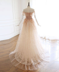 Champagne Tulle Lace Long Corset Prom Dress Champagne Tulle Lace Evening Dress outfit, Prom Dress Shops