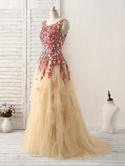 Champagne Tulle Long Corset Prom Dress Lace Applique Evening Dress outfit, Formal Dress Places Near Me
