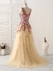 Champagne Tulle Long Corset Prom Dress Lace Applique Evening Dress outfit, Formal Dress Black Dress