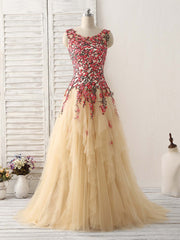 Champagne Tulle Long Corset Prom Dress Lace Applique Evening Dress outfit, Formal Dressing For Wedding