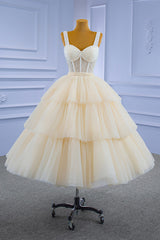 Champagne Tulle Short Corset Prom Dress with Beaded, A-Line Tea Length Party Dress Outfits, Evening Dresses Open Back