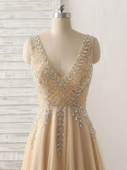 Champagne V Neck Beads Long Corset Prom Dress Tulle Evening Dress outfit, Formal Dresses Long Elegant Classy