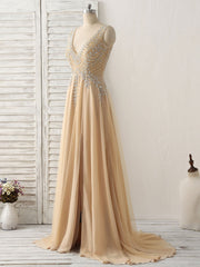 Champagne V Neck Beads Long Corset Prom Dress Tulle Evening Dress outfit, Formal Dresses Long Elegant Evening Gowns