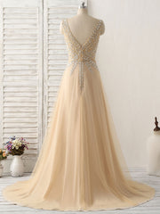 Champagne V Neck Beads Long Corset Prom Dress Tulle Evening Dress outfit, Formal Dresses Off The Shoulder