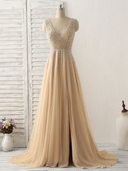 Champagne V Neck Beads Long Corset Prom Dress Tulle Evening Dress outfit, Formal Dress Wear For Ladies