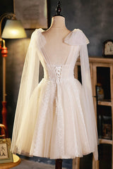Champagne V-Neck Lace Short Corset Prom Dress, Lovely A-Line Evening Party Dress Outfits, Formal Dressing For Ladies