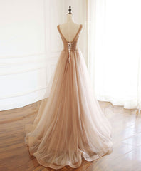 Champagne V Neck Tulle Beads Long Corset Prom Dress Evening Dress outfit, Prom Dresses Gowns