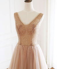 Champagne V Neck Tulle Beads Long Corset Prom Dress Evening Dress outfit, Prom Dress Gowns