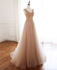 Champagne V Neck Tulle Beads Long Corset Prom Dress Evening Dress outfit, Prom Dresses For Short Girls