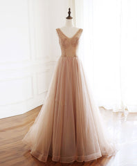 Champagne V Neck Tulle Beads Long Corset Prom Dress Evening Dress outfit, Prom Dresses Gown