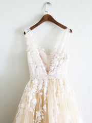 Champagne V Neck Tulle Lace Applique Long Corset Prom Dress, Evening Dress outfit, Bridesmaid Dress Color Schemes