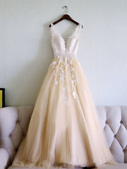 Champagne V Neck Tulle Lace Applique Long Corset Prom Dress, Evening Dress outfit, Bridesmaid Dresses Color Scheme