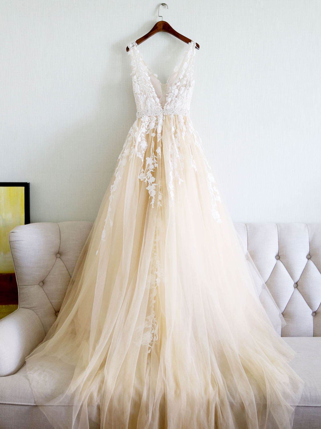 Champagne V Neck Tulle Lace Applique Long Corset Prom Dress, Evening Dress outfit, Bridesmaids Dresses Color Schemes