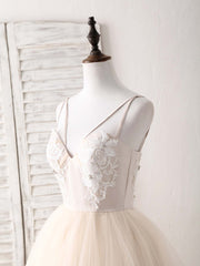 Champagne V Neck Tulle Lace Applique Long Corset Prom Dress Sweet 16 Dress outfit, Bridesmaids Dresses Purple