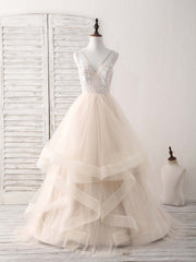 Champagne V Neck Tulle Lace Applique Long Corset Prom Dress Sweet 16 Dress outfit, Beach Wedding