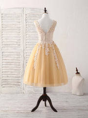 Champagne V Neck Tulle Lace Applique Short Corset Prom Dresses outfit, Party Dresses Shopping