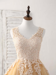 Champagne V Neck Tulle Lace Applique Short Corset Prom Dresses outfit, Party Dress Near Me