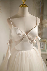 Champagne V-Neck Tulle Short Corset Prom Dress, Spaghetti Straps Party Dress with Bow outfit, Party Dresses And Jumpsuits