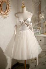 Champagne V-Neck Tulle Short Corset Prom Dress, Spaghetti Straps Party Dress with Bow outfit, Party Dresses Jumpsuits