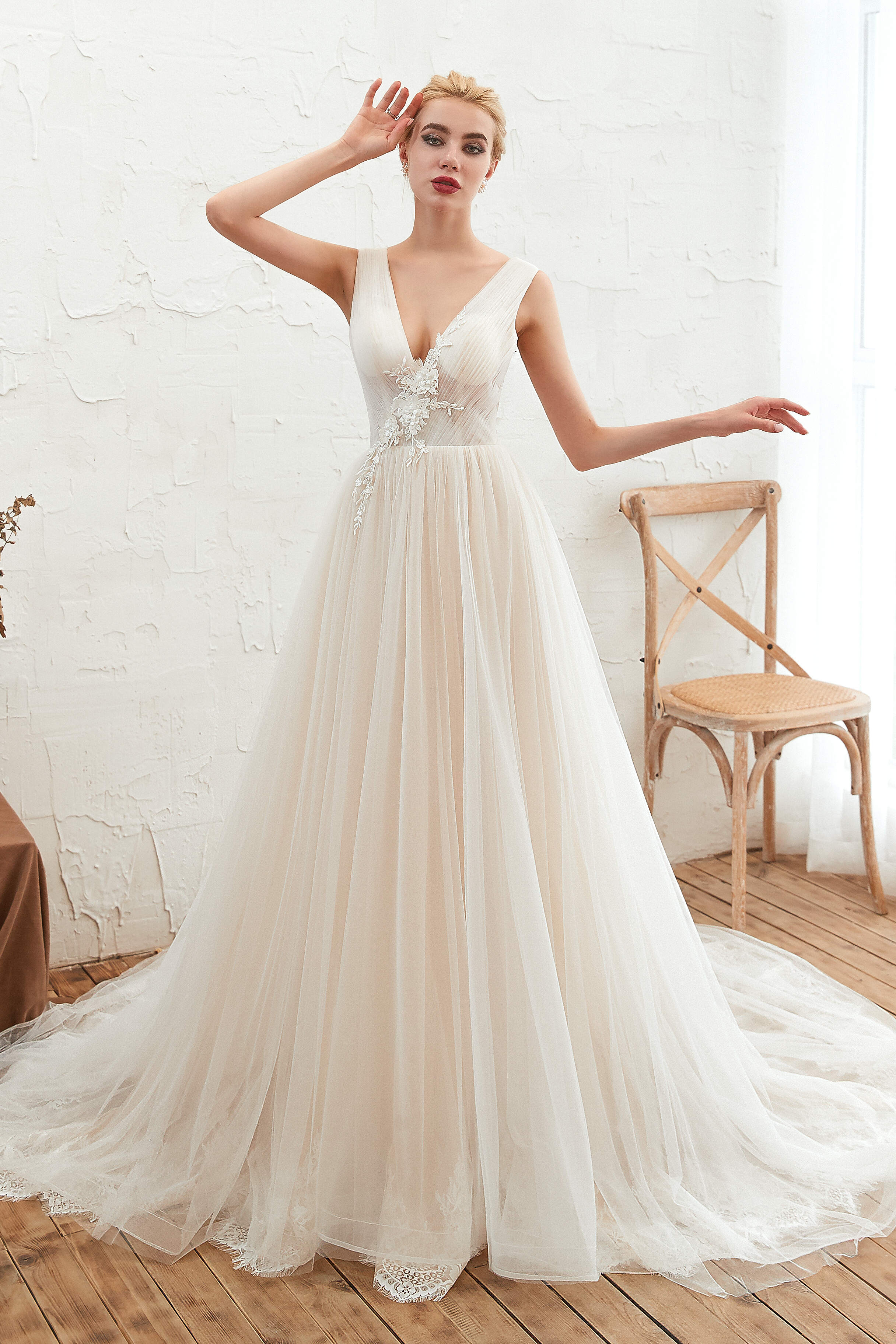 Champange Princess V-neck Lace Tulle Soft Pleats Corset Wedding Dresses with Appliques Gowns, Wedding Dresses Budget