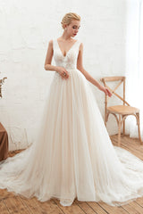 Champange Princess V-neck Lace Tulle Soft Pleats Corset Wedding Dresses with Appliques Gowns, Wedding Dresses Long Sleev