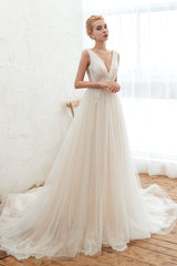Champange Princess V-neck Lace Tulle Soft Pleats Corset Wedding Dresses with Appliques Gowns, Wedding Dressed Long Sleeve